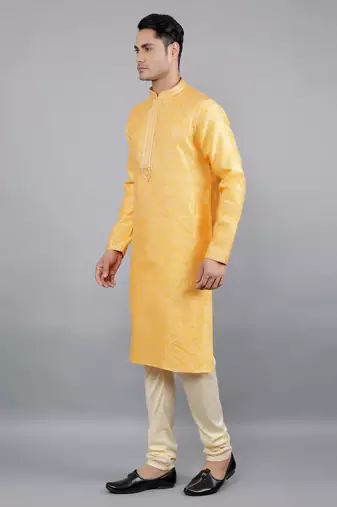 mustard colour jacquard design kurta sets