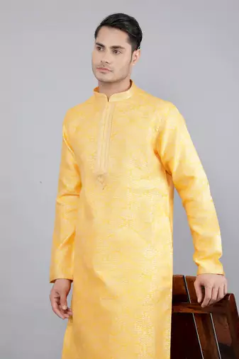 mustard colour jacquard design kurta sets