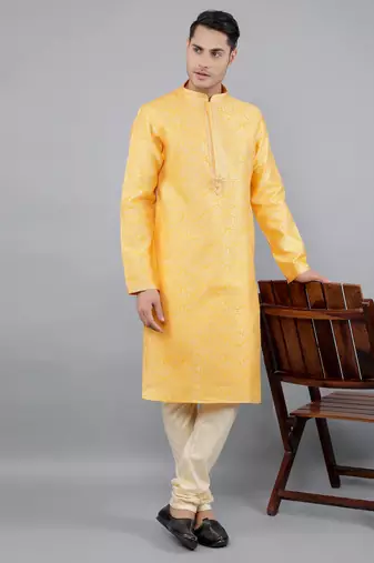 mustard colour jacquard design kurta sets