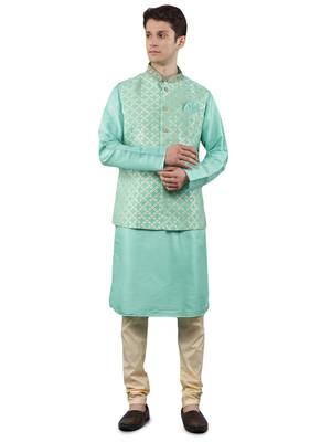 Green woven design kurta sets with nehru jacket 1