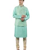 Green woven design kurta sets with nehru jacket