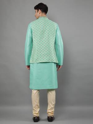 Green woven design kurta sets with nehru jacket 2