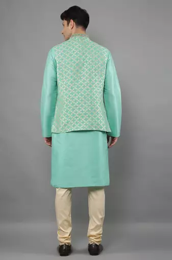 Green woven design kurta sets with nehru jacket