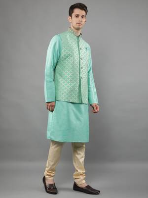 Green woven design kurta sets with nehru jacket 3