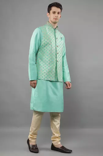 Green woven design kurta sets with nehru jacket