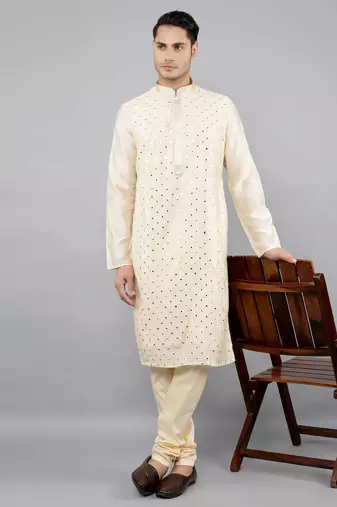 cream colour woven design kurta sets