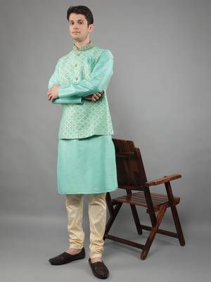 Green woven design kurta sets with nehru jacket 5