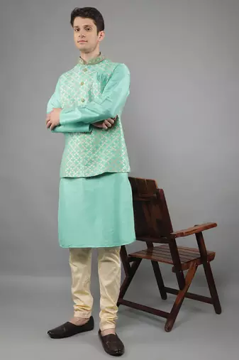 Green woven design kurta sets with nehru jacket