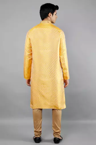 mustard colour brocade design kurta sets