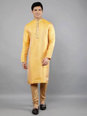 mustard colour brocade design kurta sets 3