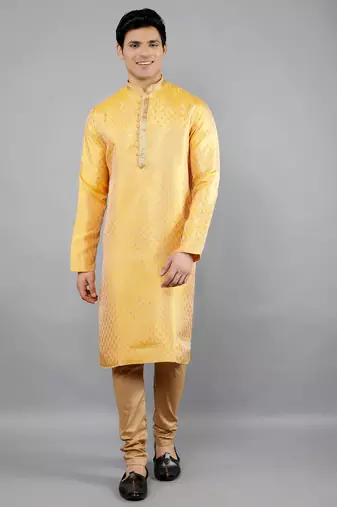 mustard colour brocade design kurta sets