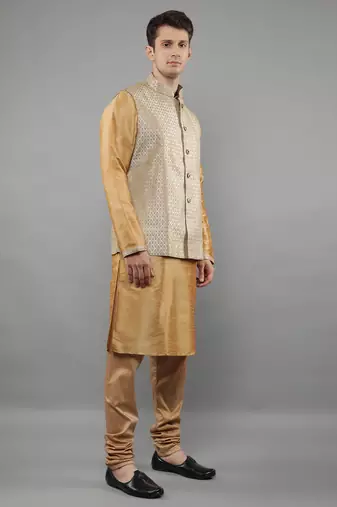 Fawn  design kurta sets with nehru jacket