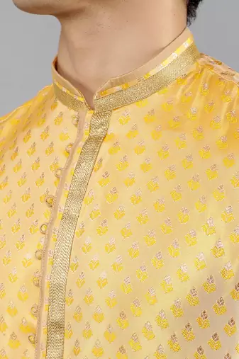 mustard colour brocade design kurta sets