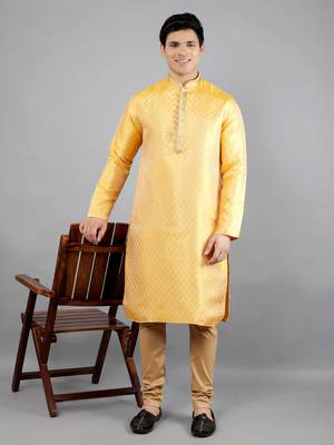 mustard colour brocade design kurta sets 5