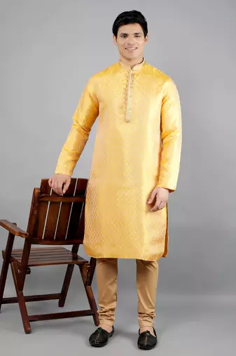 mustard colour brocade design kurta sets