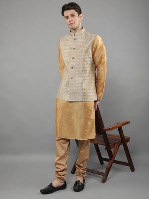 Fawn  design kurta sets with nehru jacket 5