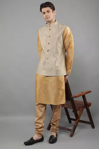 Fawn  design kurta sets with nehru jacket