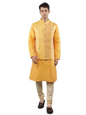 Yellow woven design kurta sets with nehru jacket 1