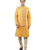 Yellow woven design kurta sets with nehru jacket