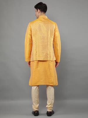 Yellow woven design kurta sets with nehru jacket 2