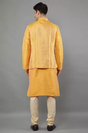 Yellow woven design kurta sets with nehru jacket
