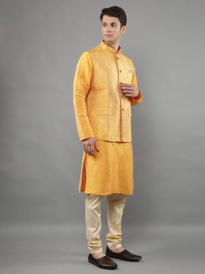 Yellow woven design kurta sets with nehru jacket 3