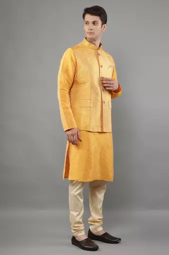 Yellow woven design kurta sets with nehru jacket