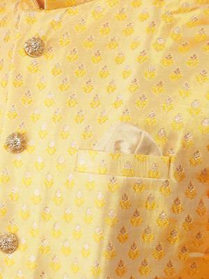 Yellow woven design kurta sets with nehru jacket 4