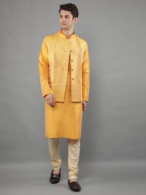 Yellow woven design kurta sets with nehru jacket 5
