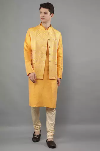 Yellow woven design kurta sets with nehru jacket