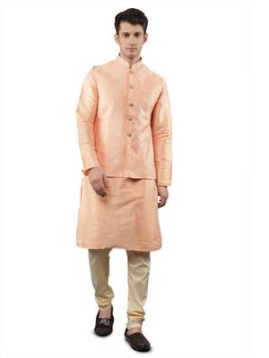 Pink woven design kurta sets with nehru jacket 1