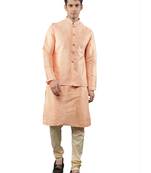 Pink woven design kurta sets with nehru jacket