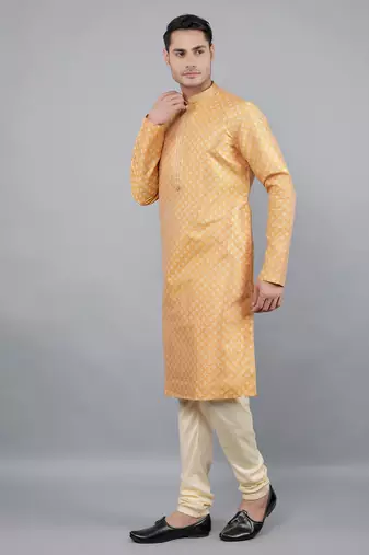 mustard colour jacquard design kurta sets