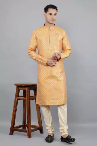 mustard colour jacquard design kurta sets