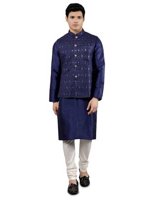 Blue woven design kurta sets with nehru jacket 1