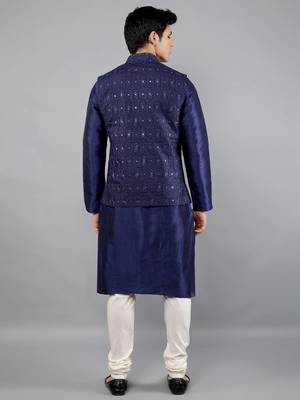 Blue woven design kurta sets with nehru jacket 2