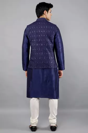 Blue woven design kurta sets with nehru jacket