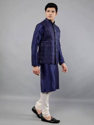 Blue woven design kurta sets with nehru jacket 3
