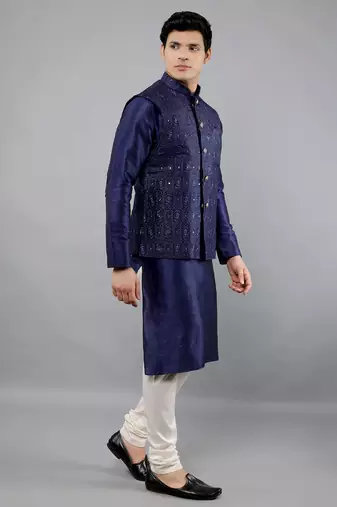 Blue woven design kurta sets with nehru jacket