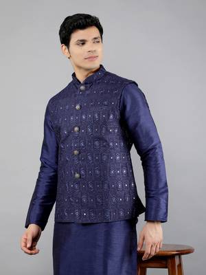 Blue woven design kurta sets with nehru jacket 4
