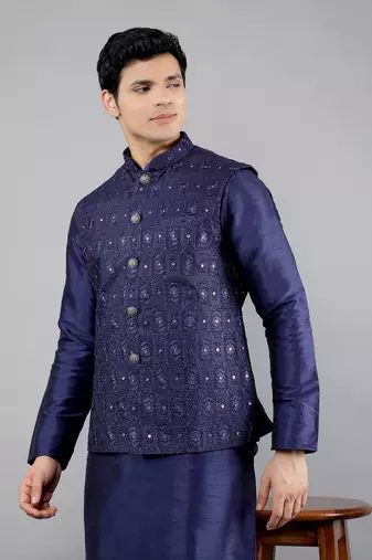 Blue woven design kurta sets with nehru jacket