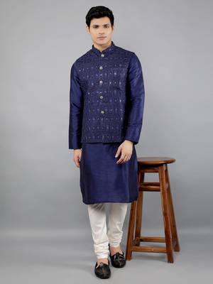 Blue woven design kurta sets with nehru jacket 5