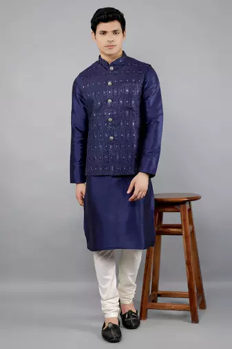 Blue woven design kurta sets with nehru jacket
