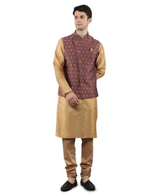 Beige woven design kurta sets with nehru jacket 1