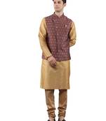 Beige woven design kurta sets with nehru jacket