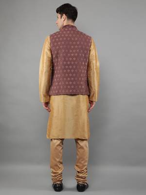 Beige woven design kurta sets with nehru jacket 2