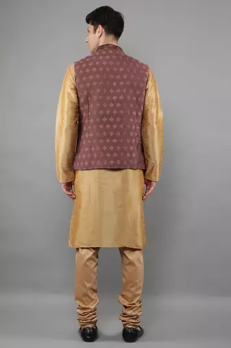 Beige woven design kurta sets with nehru jacket