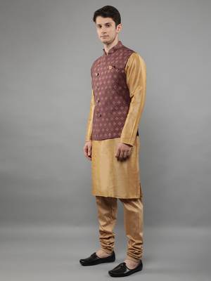 Beige woven design kurta sets with nehru jacket 3
