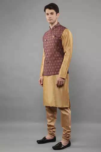 Beige woven design kurta sets with nehru jacket