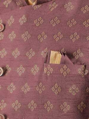 Beige woven design kurta sets with nehru jacket 4